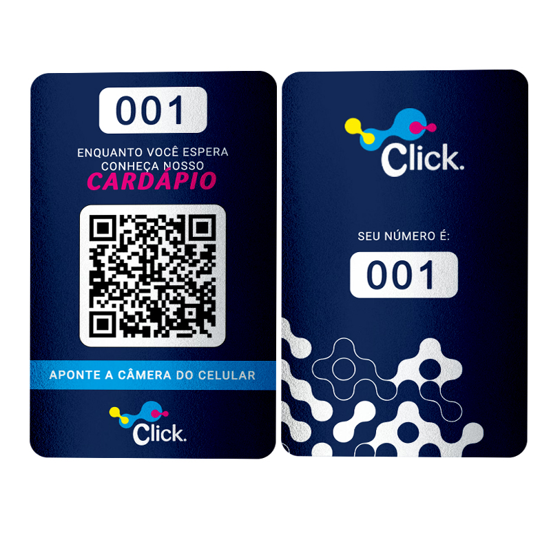 Cartão comanda em PVC 1mm, formato 9x14cm, 4x4 cores.